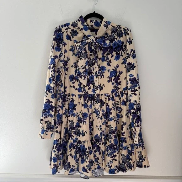 Sezane women's Floral Soledad dress Tiered Mini Dress Blue Cream size 12 (44) - Picture 1 of 9